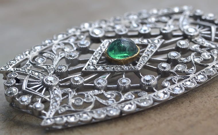 Platinum-18k Gold Emerald Diamond Brooch. 19th century.